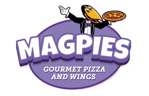 Logo for Magpies Gourmet Pizza and Wings featuring a cartoon magpie holding a pizza.