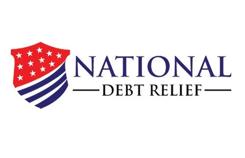 National Debt Relief logo with a shield featuring red and white stars and blue stripes.