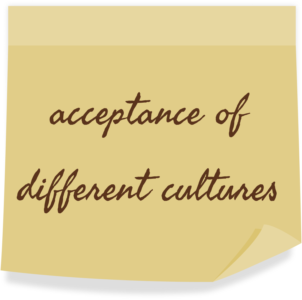 Sticky note with the message 'acceptance of different cultures' written in brown cursive font.
