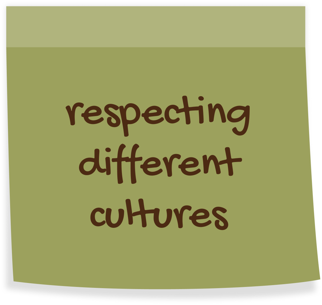 Sticky note with the words 'respecting different cultures' written in brown on a light green background.