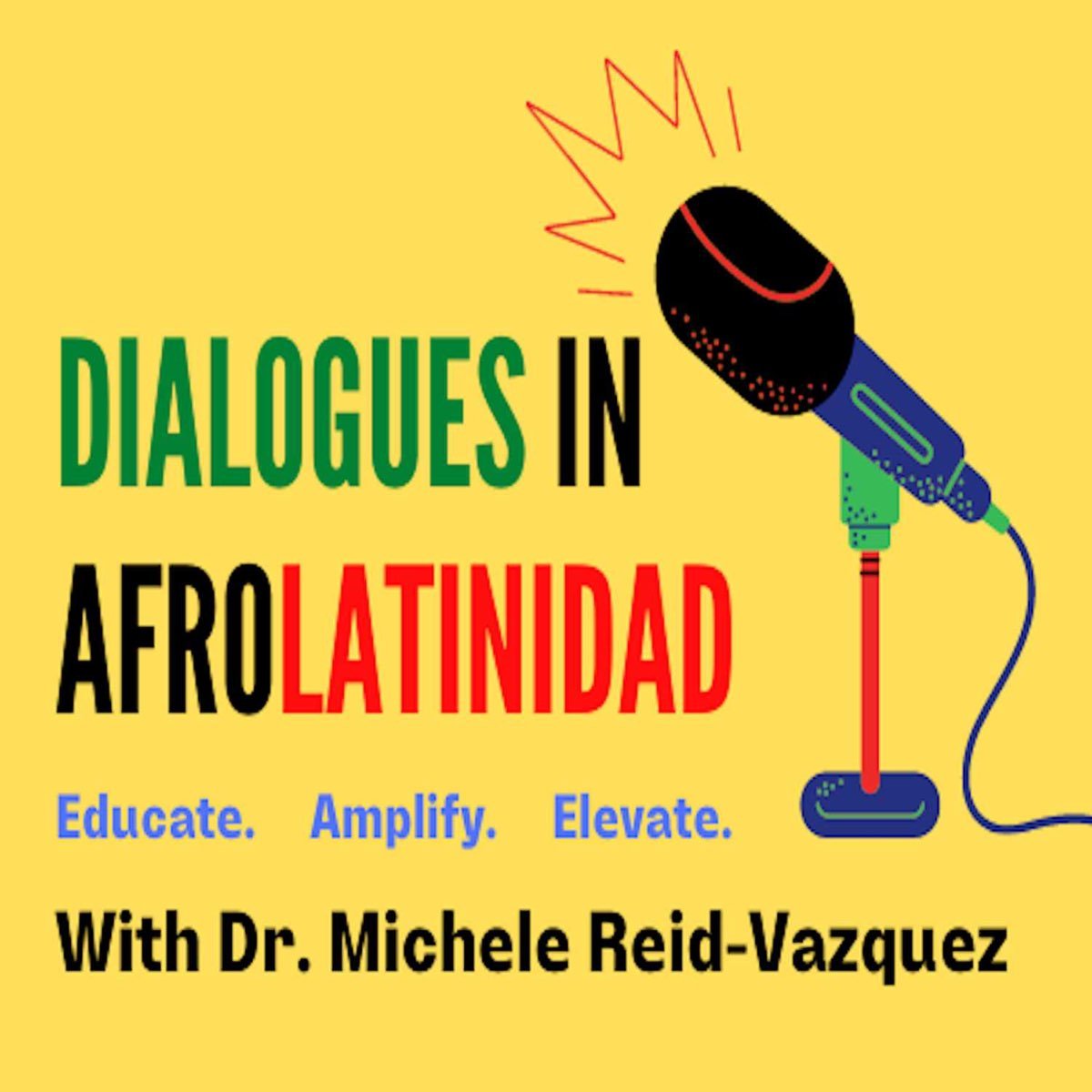 Poster with a yellow background promoting dialogues in Afro-Latinidad, featuring a stylized microphone and text that says 'Dialogues in Afro Latinidad' with the subtitle 'Educate. Amplify. Elevate.' and 'With Dr. Michele Reid-Vazquez.'