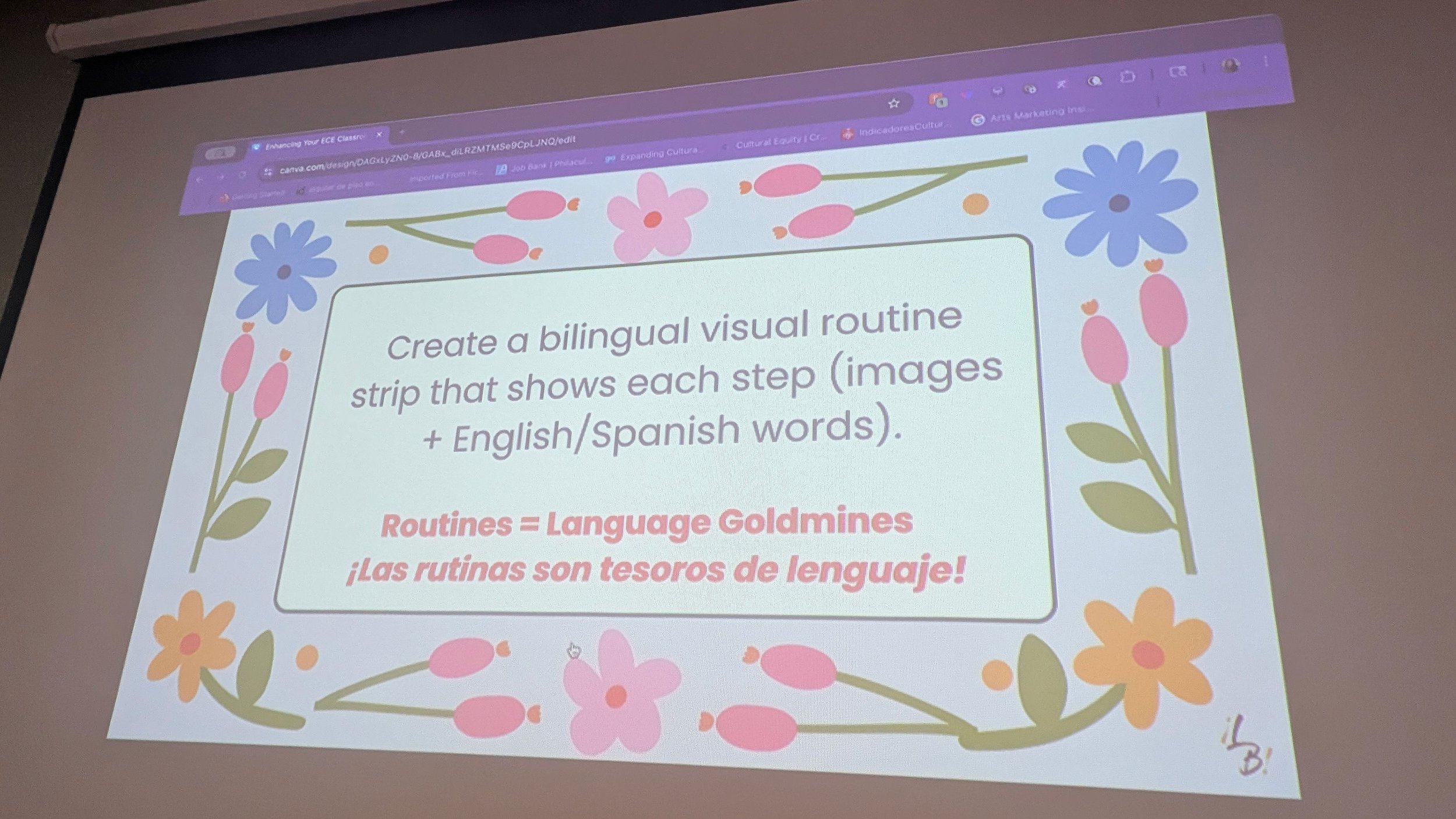 Slide on a projector screen with floral border, titled 'Create a bilingual visual routine strip that shows each step (images + English/Spanish words)'.
