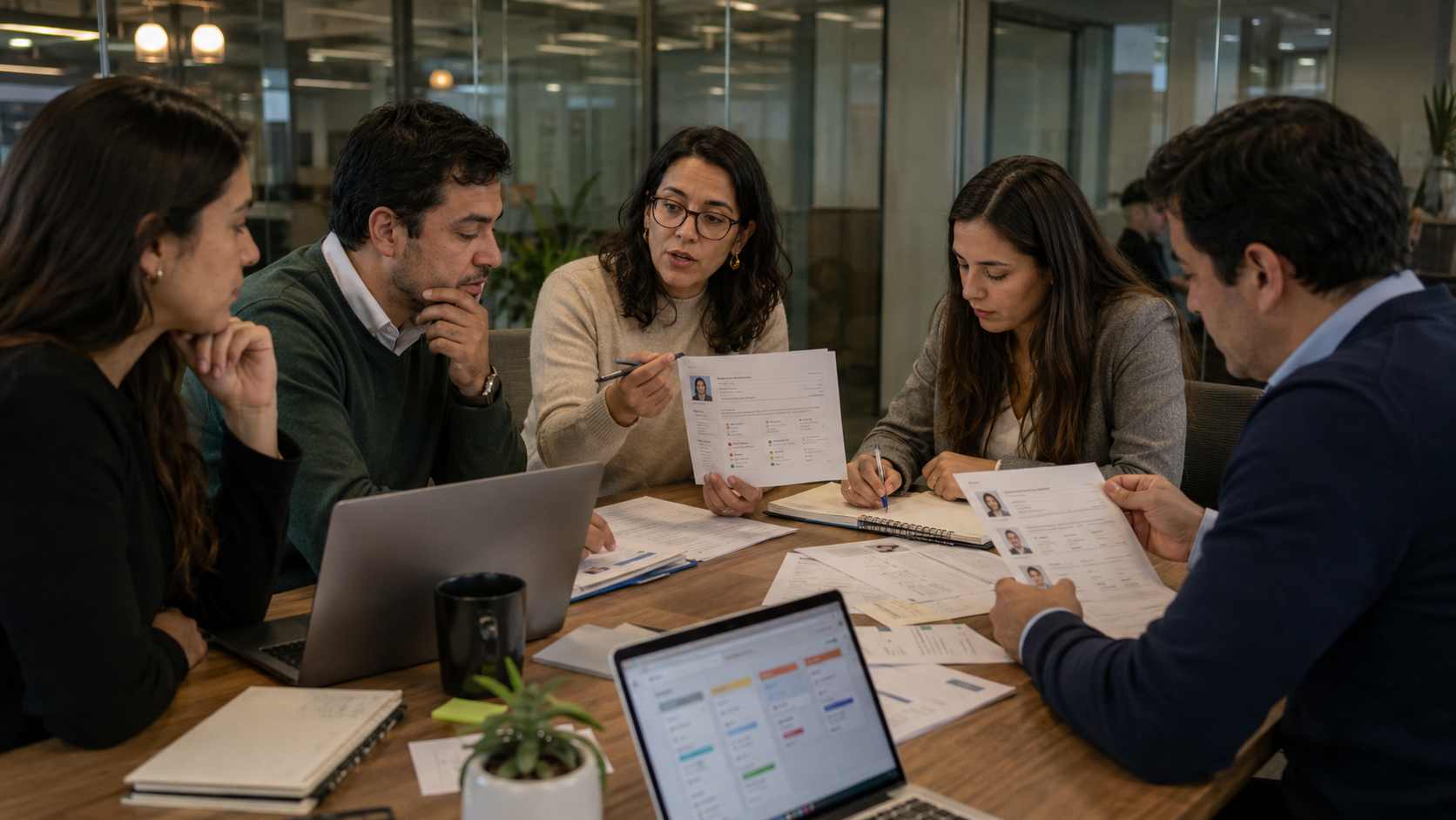 Consultores de reclutamiento revisando perfiles de candidatos durante un proceso integral de selección de personal.