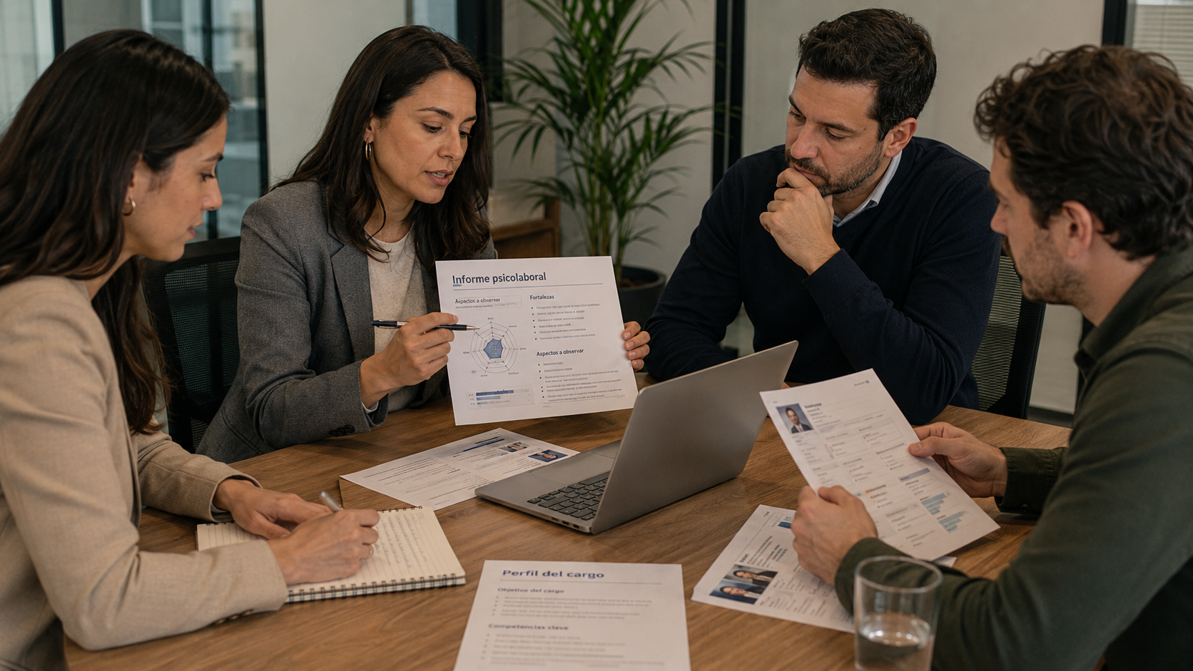Equipo de reclutamiento revisando un informe de evaluación psicolaboral de candidatos.