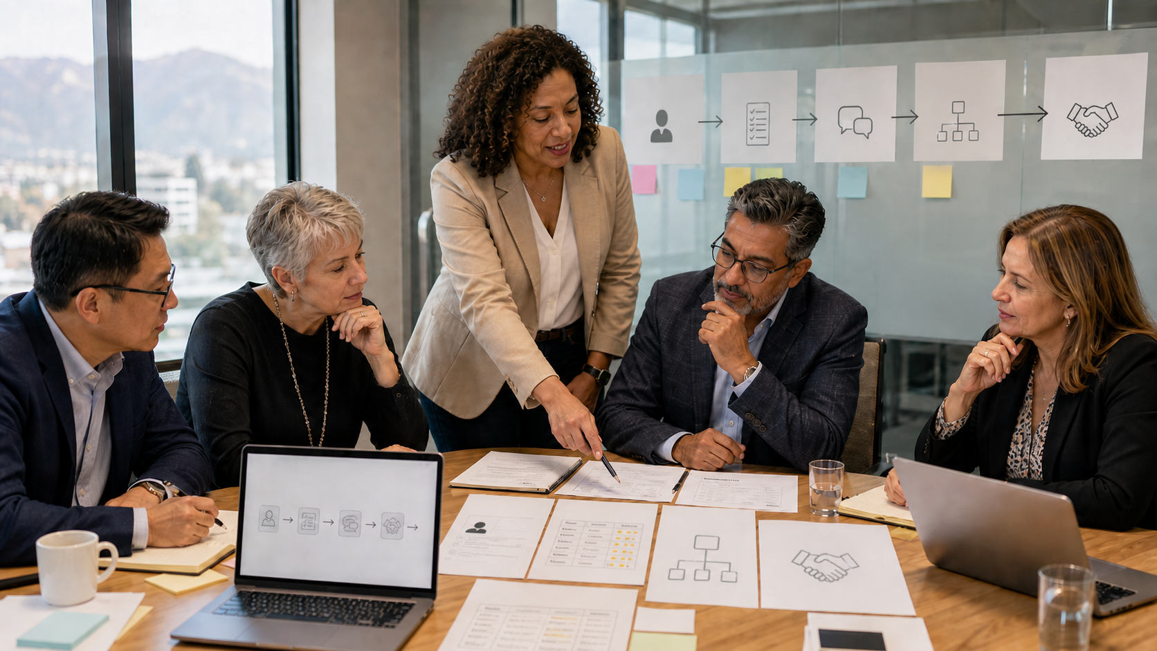 Consultores asesorando a una empresa en estrategias de gestión del talento y selección de personal.