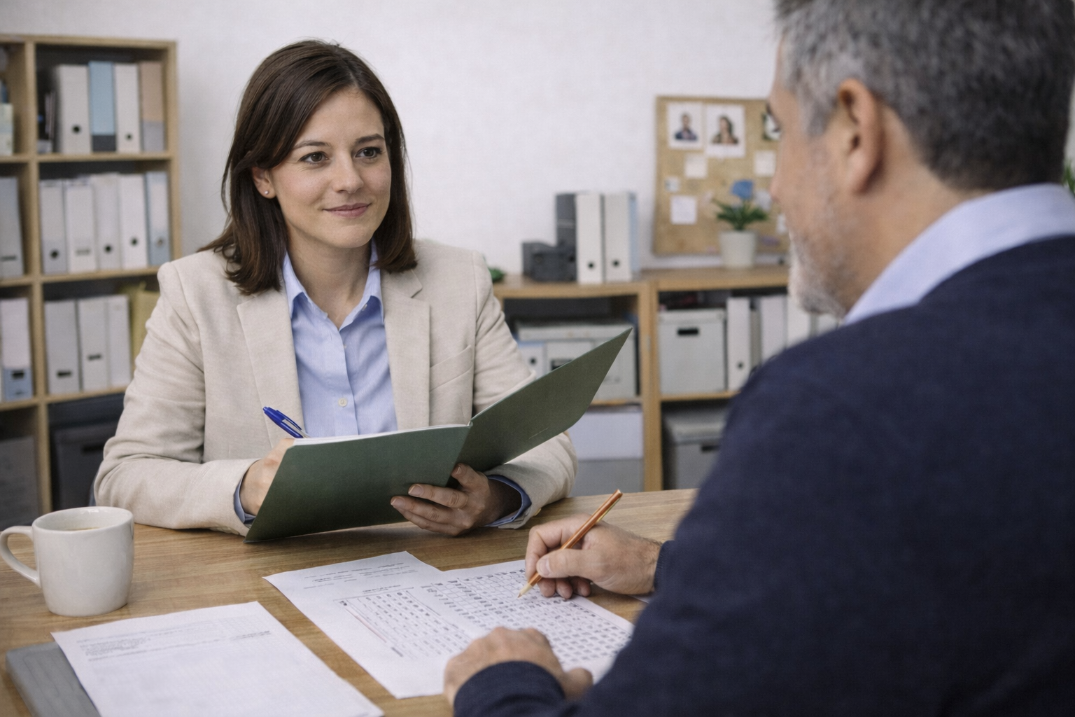 Psicóloga realizando una entrevista de evaluación psicolaboral para un proceso de selección de personal.