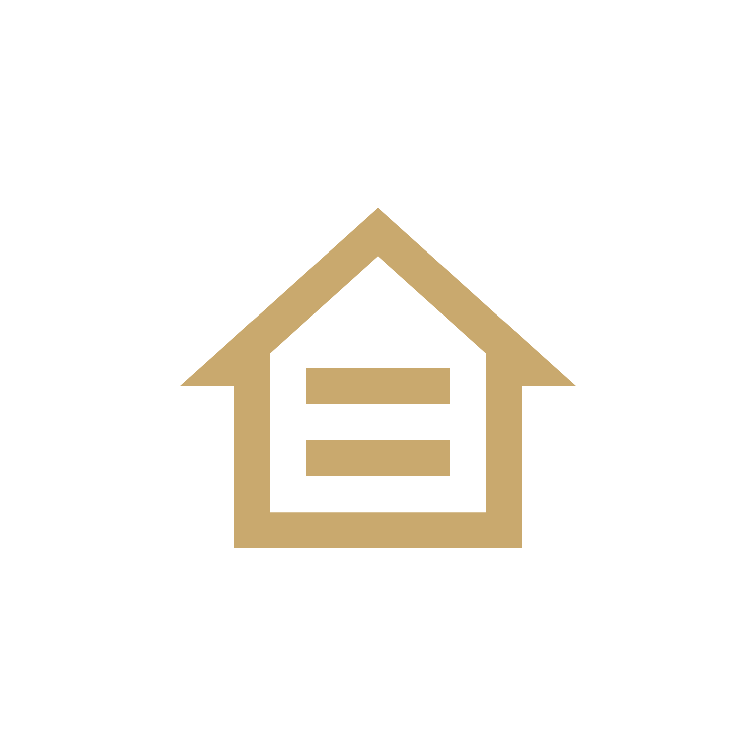 Gold house icon overlayed with open box icon in front of black background