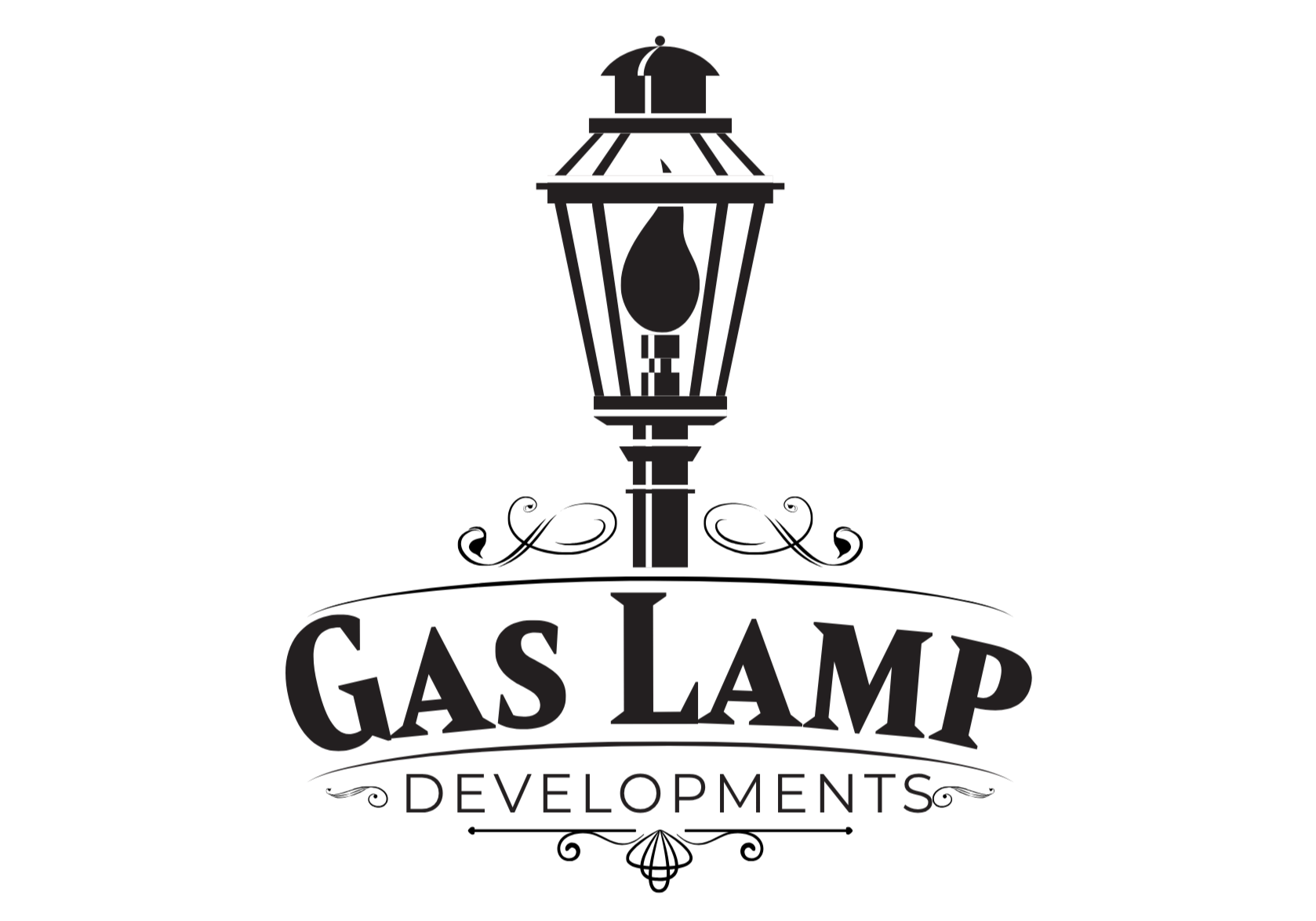 Logo with a stylized black and white gas lantern above the words 'Gas Lamp Developments' written in black capital letters.