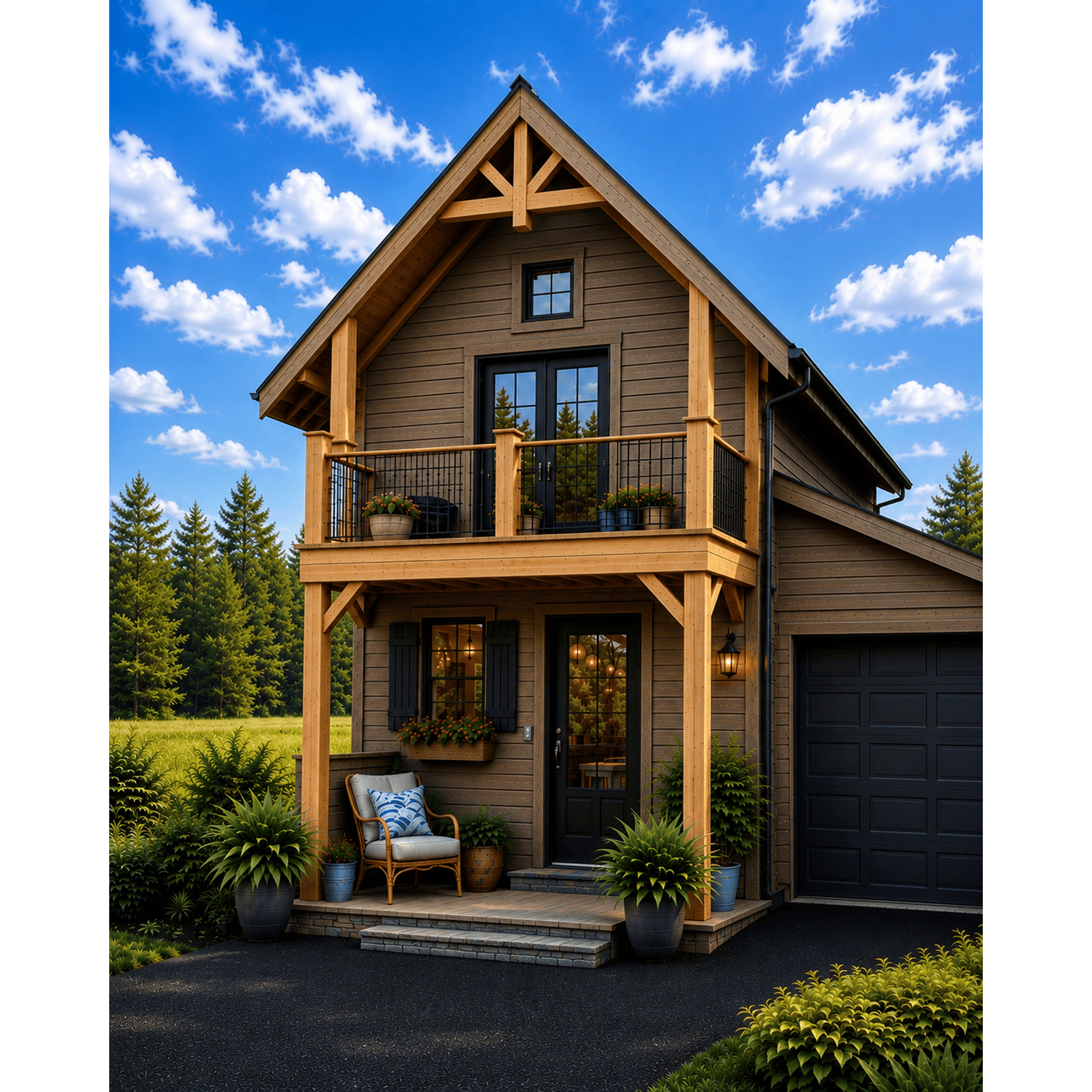 Front view of a two-story wooden house with a small front porch, black front door, and black garage door, surrounded by green plants and trees under a partly cloudy blue sky.