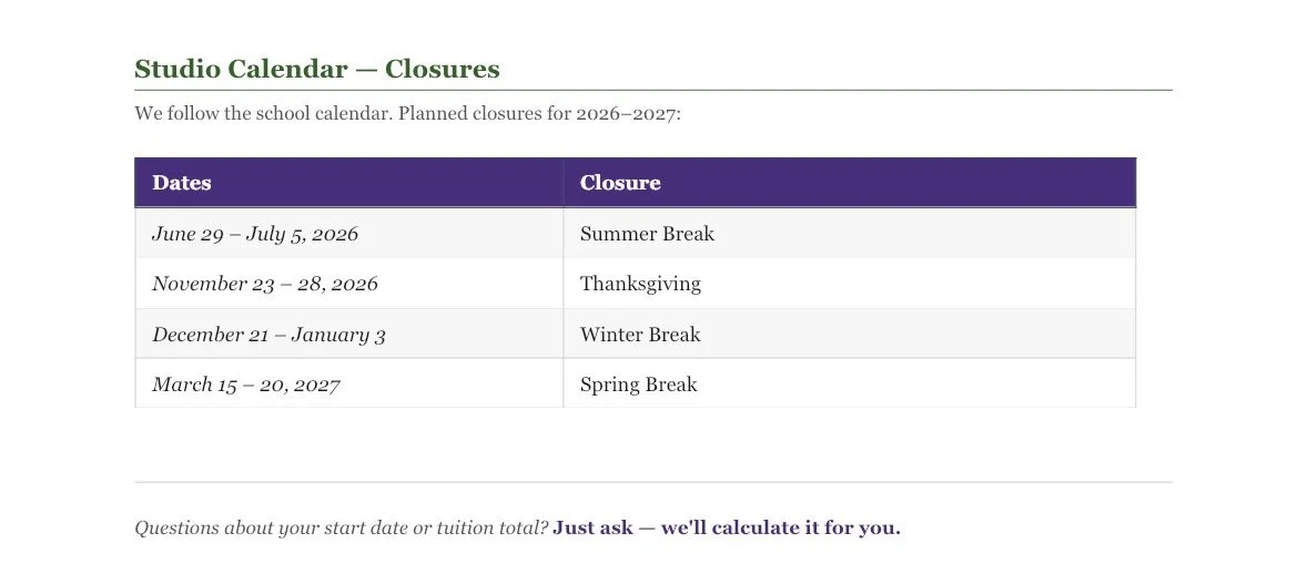A calendar showing school closure dates for summer break, Thanksgiving, winter break, and spring break for the 2026-2027 school year.