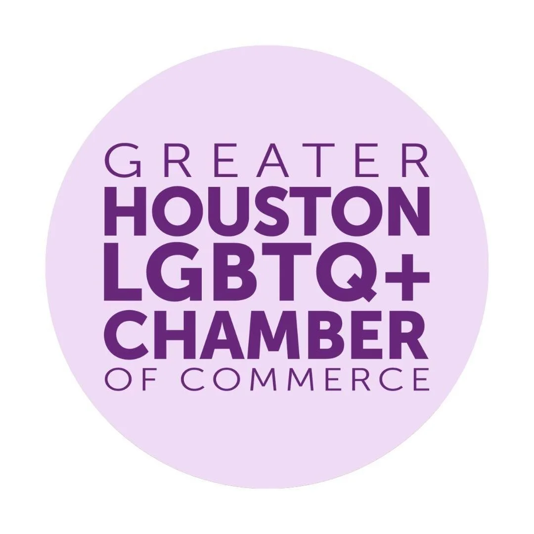 Purple logo with the text 'Greater Houston LGBTQ+ Chamber of Commerce' in dark purple on a light purple circular background.