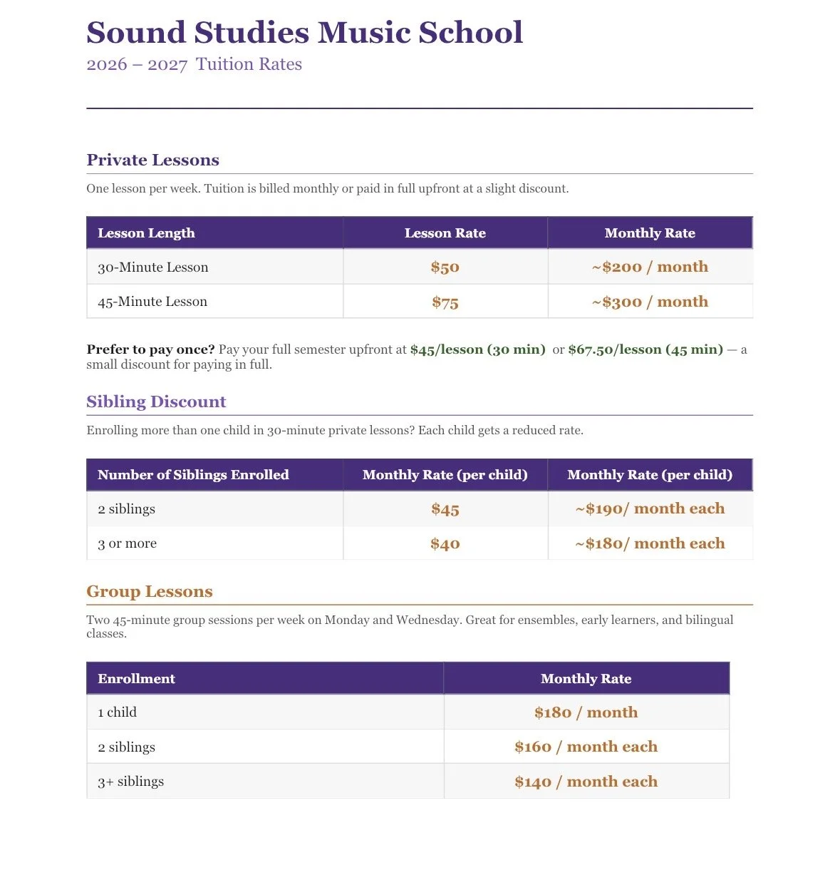 Information on tuition rates for Sound Studies Music School for the 2026-2027 year, including private lessons, sibling discounts, group lessons, and enrollment fees.