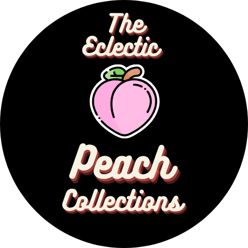 Logo with a stylized pink peach and green leaf and the text "The Eclectic Peach Collections" in red and white script on a black background.