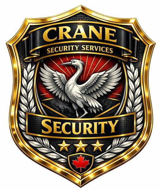 A security badge with a gold border, featuring a white heron with outstretched wings in the center. The words 'CRANE SECURITY SERVICES' are at the top, and 'SECURITY' is at the bottom, with three gold stars and a red maple leaf at the bottom center.