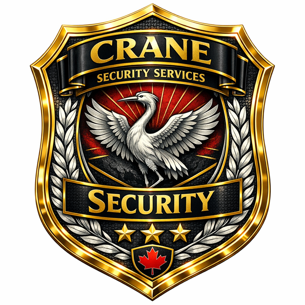 A security badge featuring a white heron with outstretched wings, the words "CRANE SECURITY SERVICES" at the top, and "SECURITY" in the middle, with a gold border, stars, and a Canadian maple leaf emblem at the bottom.