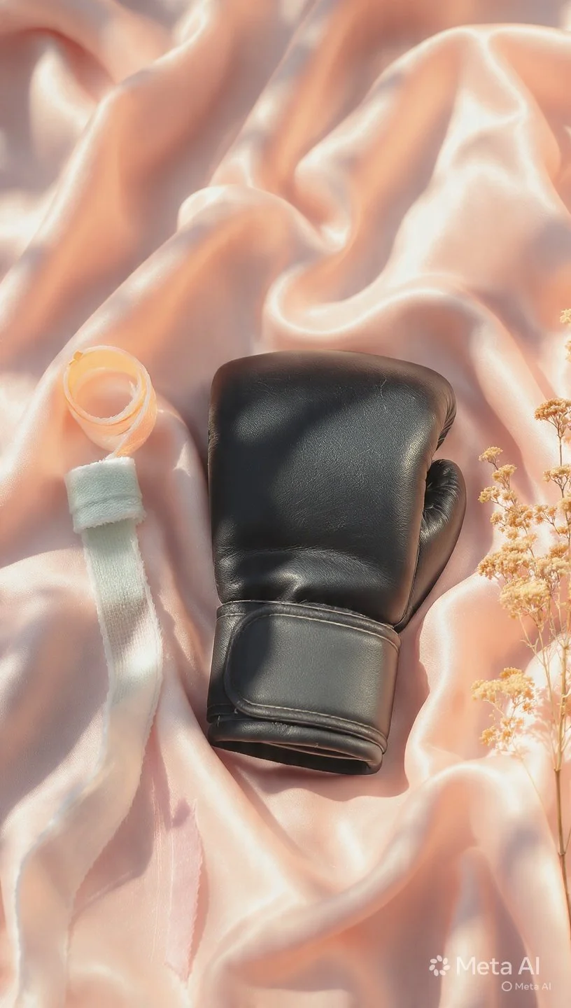 A black boxing glove resting on pink satin fabric with a small sprig of flowers nearby.