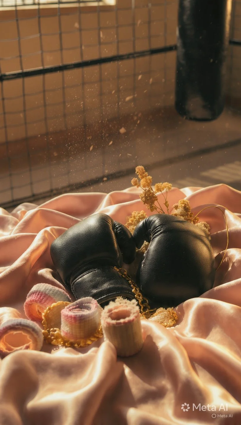 A pair of black boxing gloves, a pink satin cloth, ribbon rolls, and flowers sit atop the satin cloth with sunlight streaming in from a nearby window.