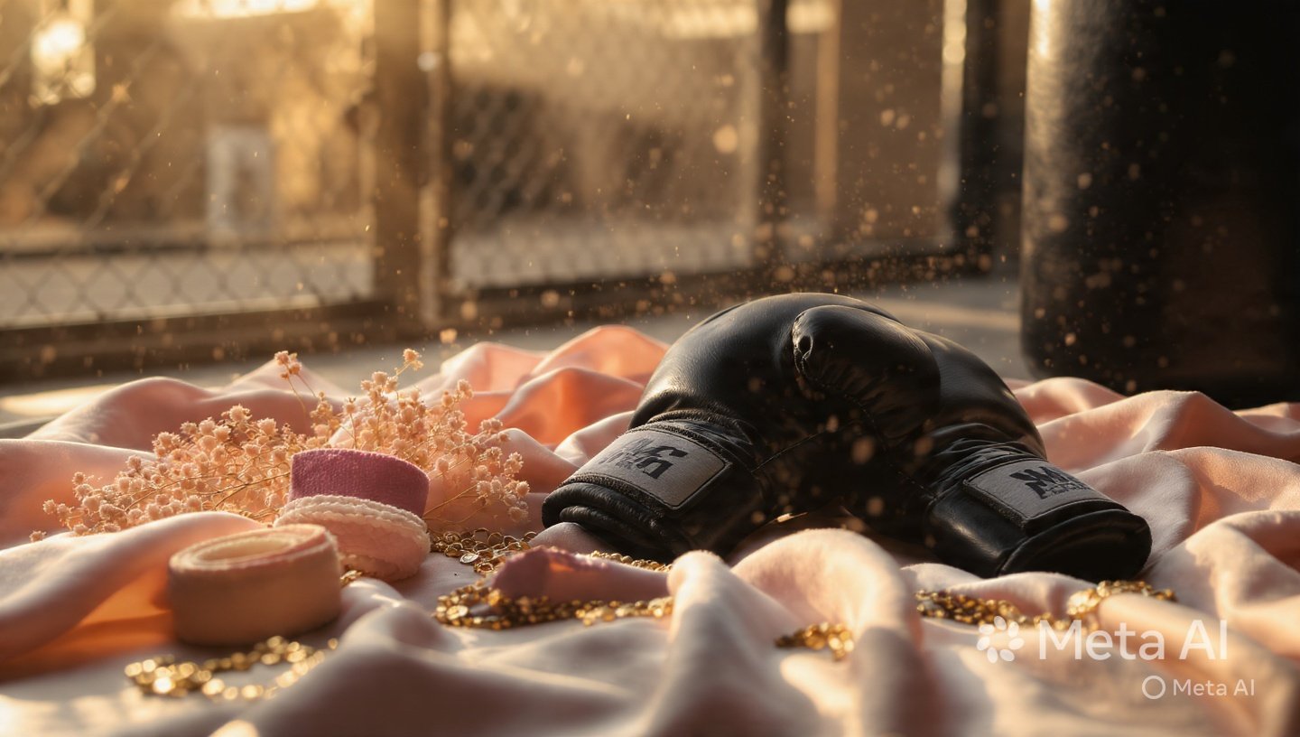 Boxing gloves, macarons, jewelry, and flowers arranged on satin fabric with sunlight streaming in.
