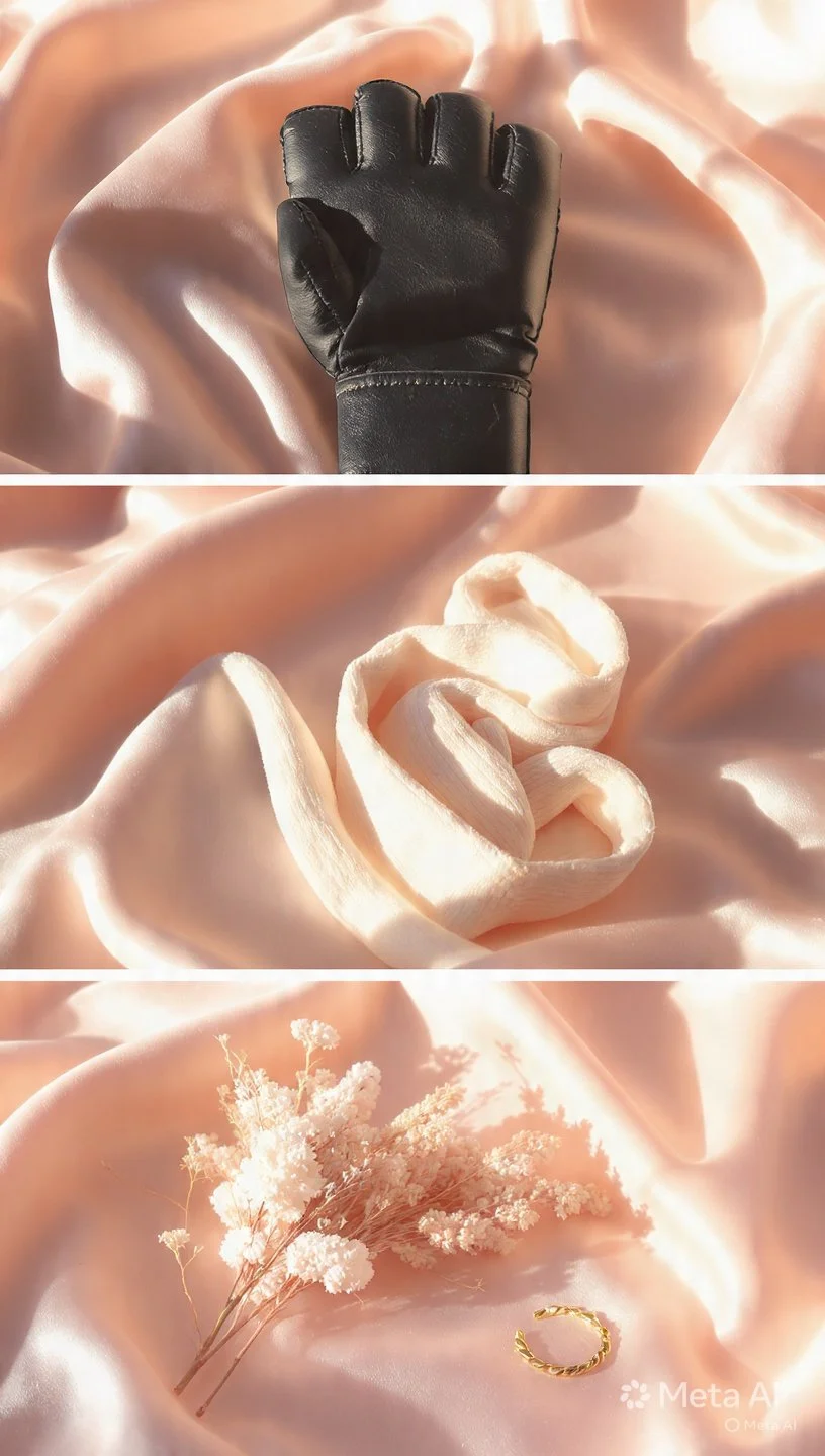 A black leather glove on soft, peach-colored satin fabric, a cream satin ribbon curled, and a small bouquet of white dried flowers with a gold ring on the satin surface.