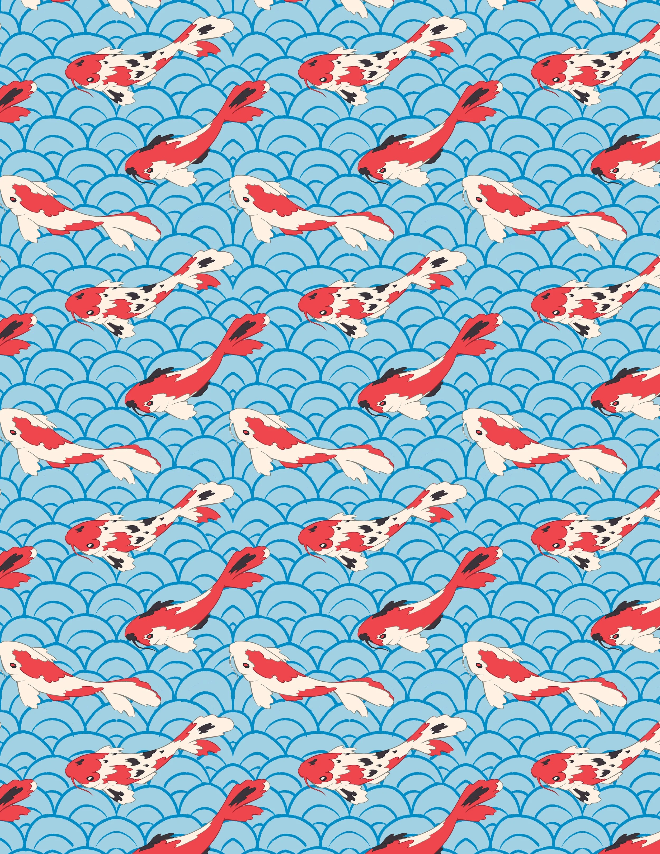 A koi fish and wave (seigaiha) motifs.