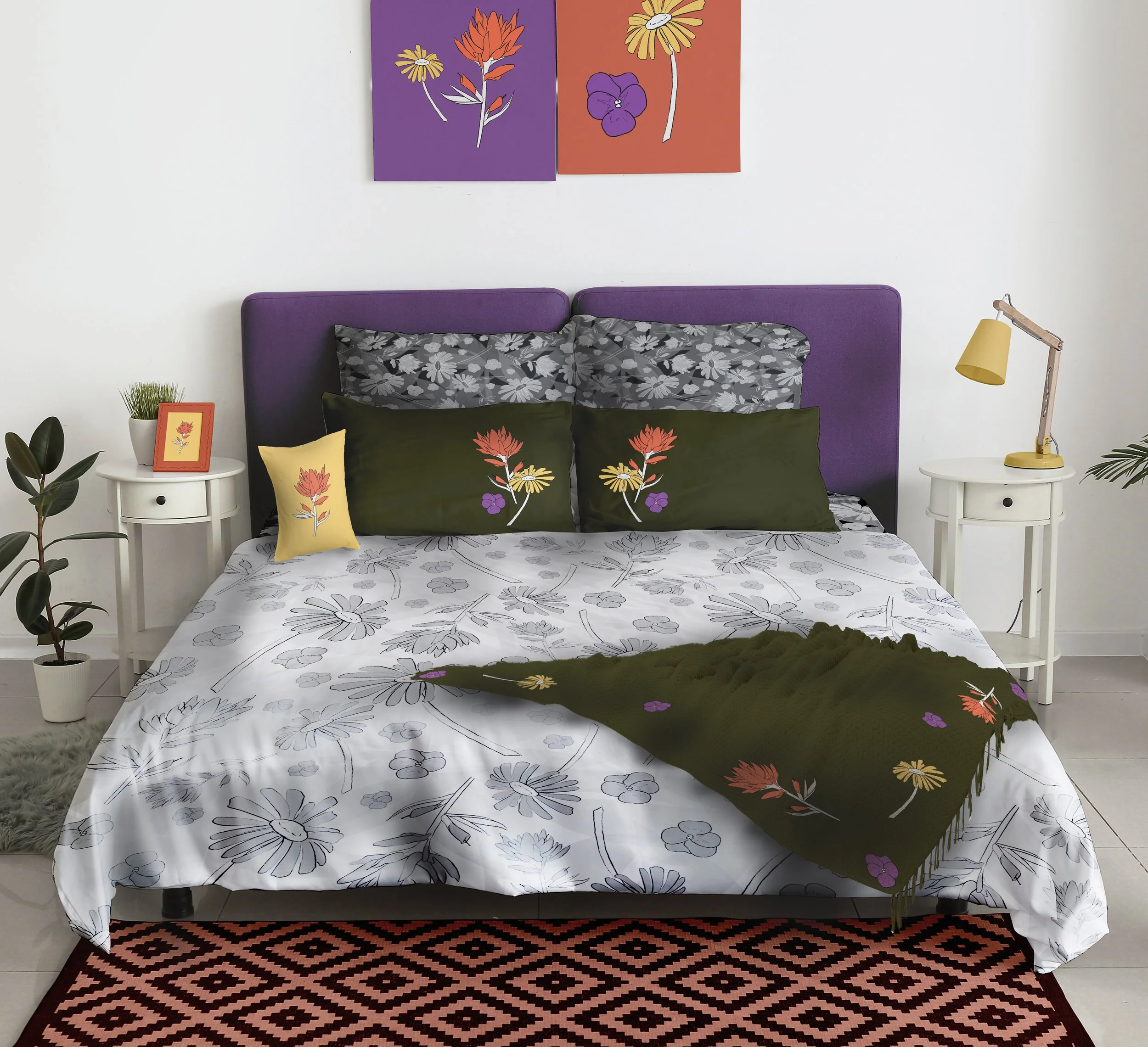 A mockup of the patterns and motifs in use for the bedding set and with potential decor.