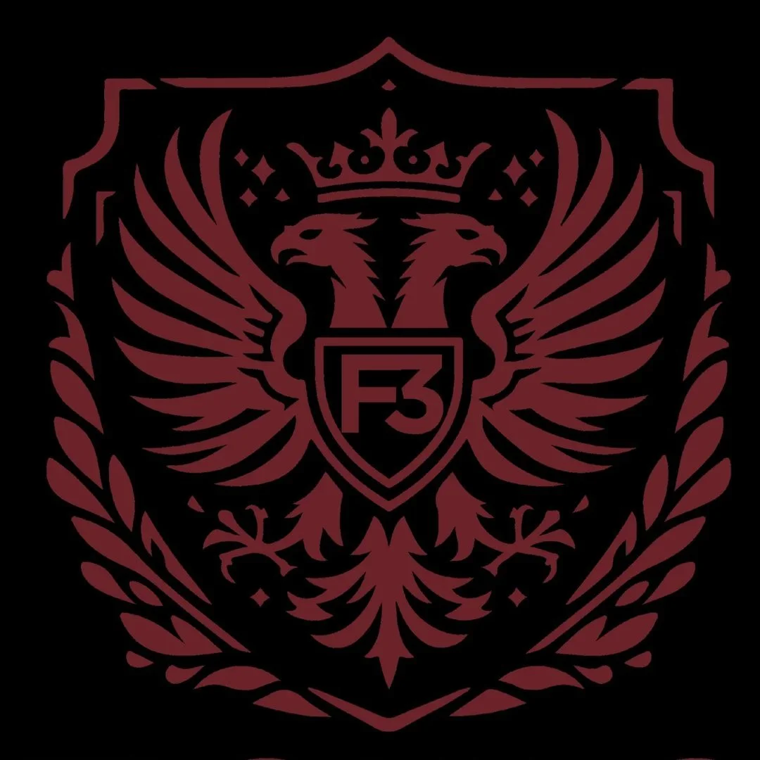 A black shield emblem with a maroon double-headed eagle, a crown above its heads, and the letter 'F3' in the center.