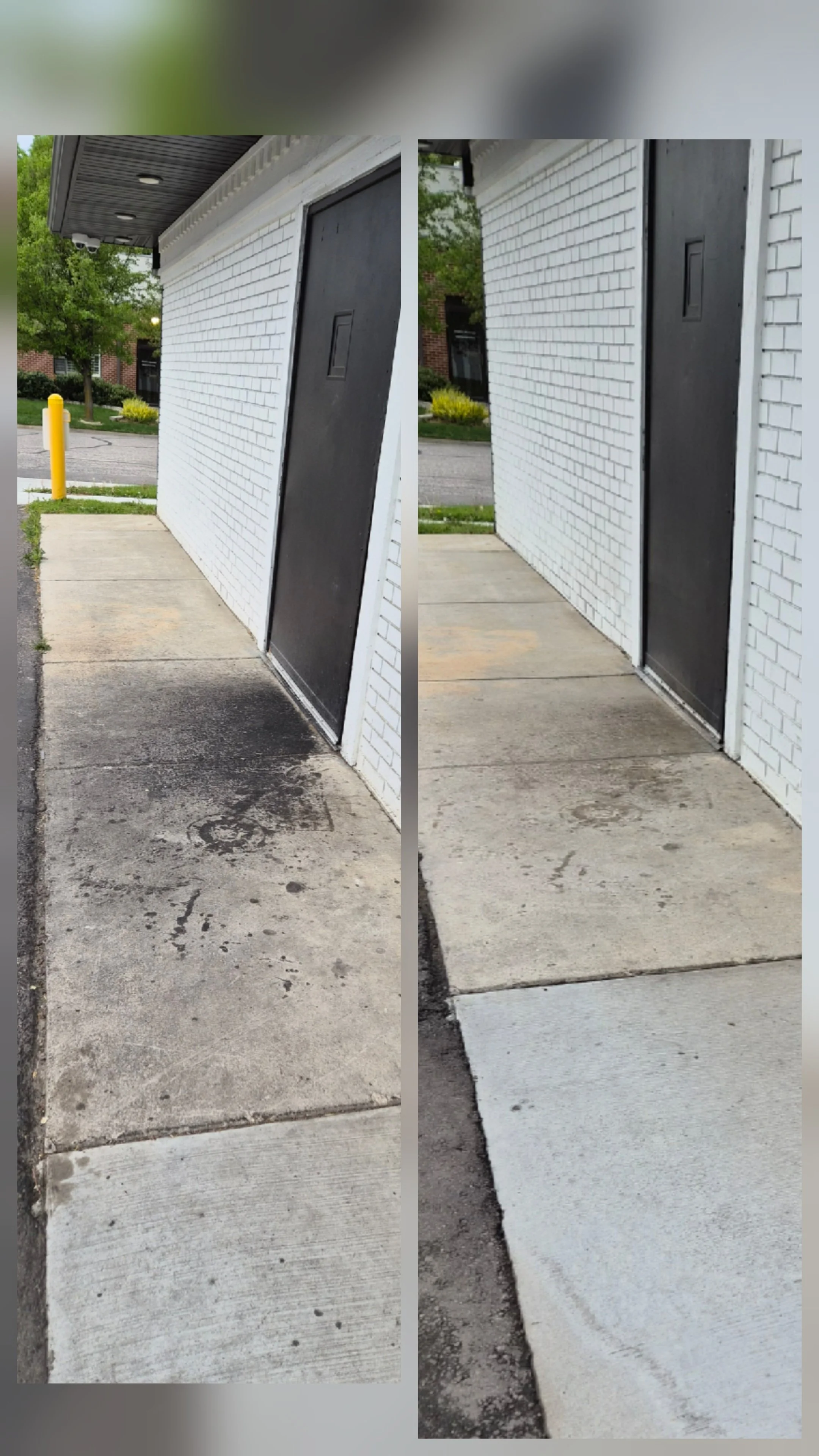 Comparison of a sidewalk before and after cleaning, showing a cleaner, brighter surface on the right.