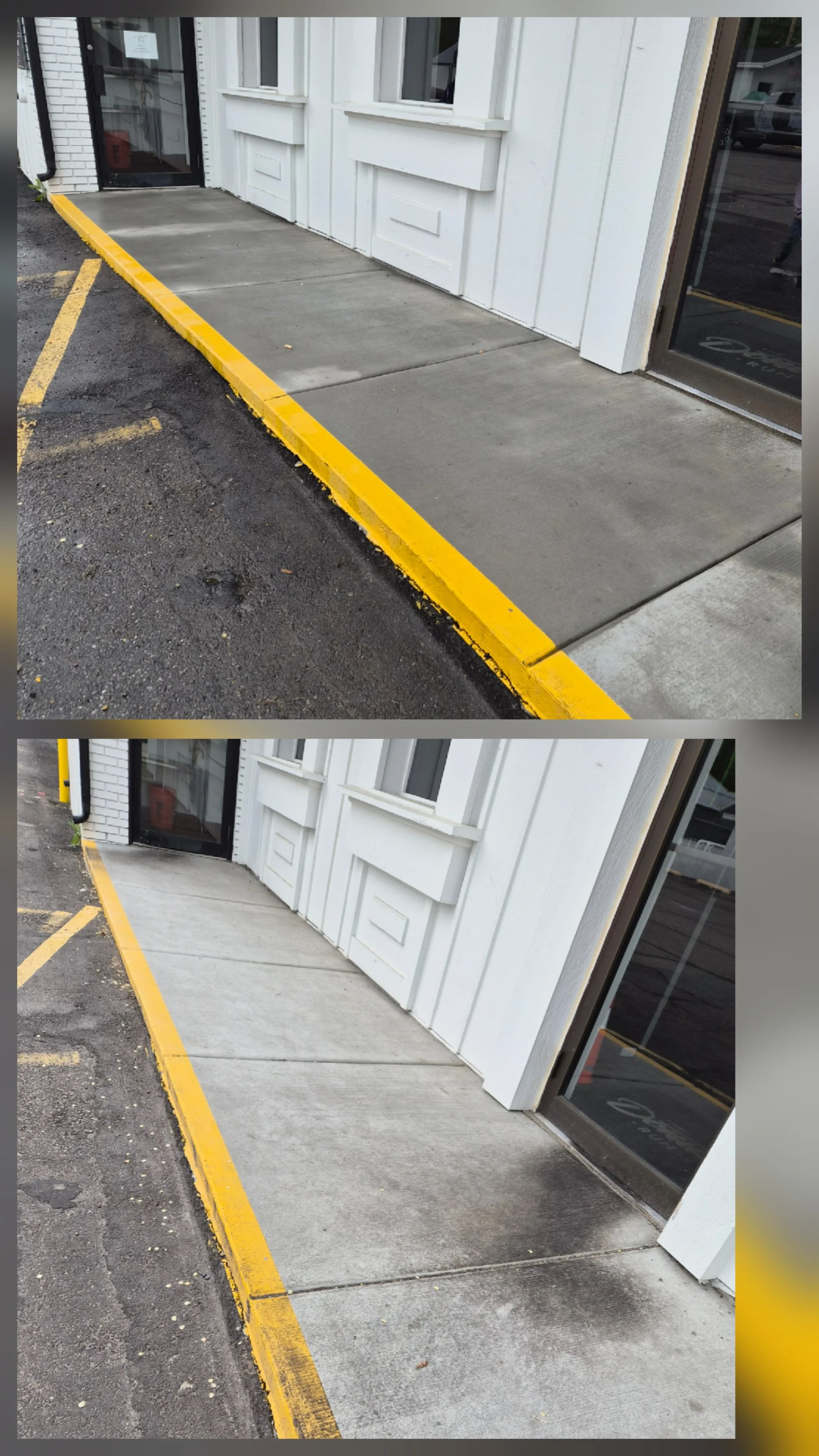 Comparison of two sidewalk images: the top shows a dirty sidewalk with a yellow curb, and the bottom shows a clean sidewalk with a yellow curb, outside a white building with large windows.