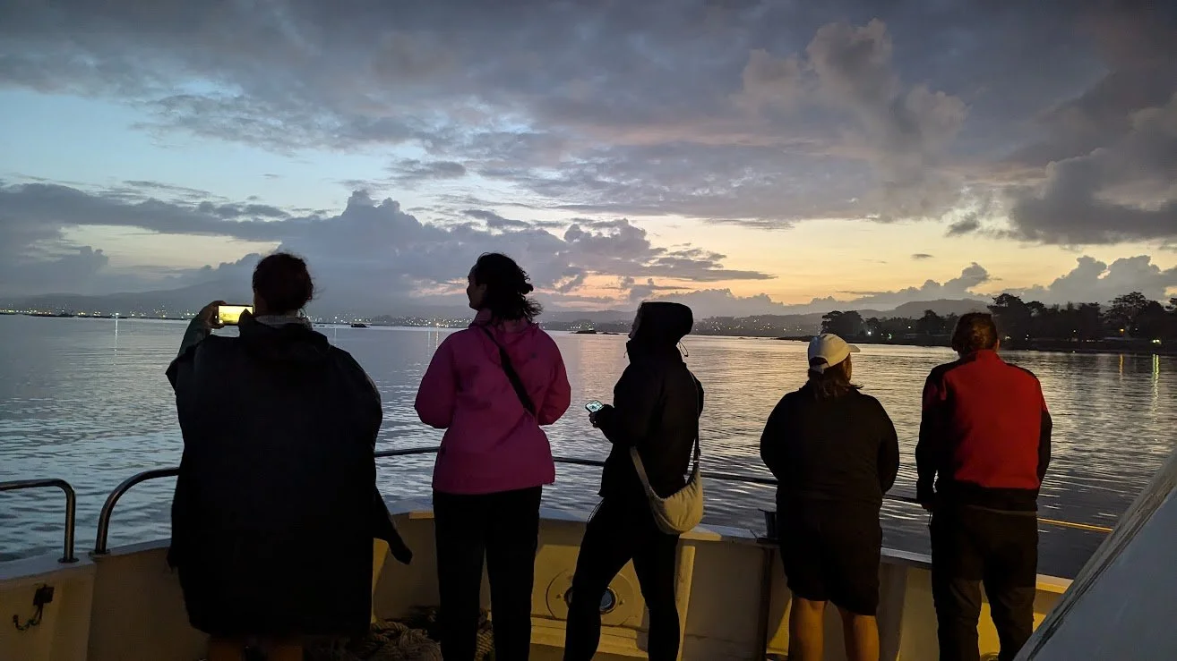 Five people standing on a boat looking at a sunset over a body of water with cloudy skies.