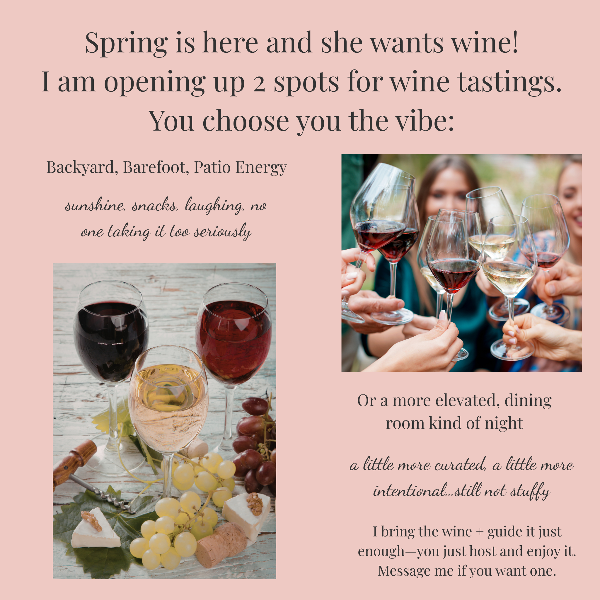 A wine tasting event invitation featuring images of red and white wine glasses, grapes, cheese, and a cork, with text promoting wine tasting spots for spring.