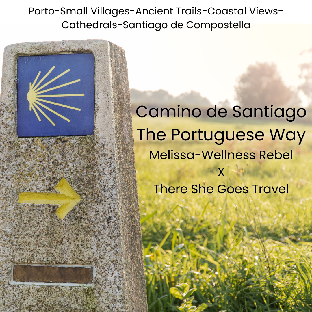 A stone marker with a blue square featuring a yellow scallop shell symbol and a yellow arrow pointing to the right, set against a grassy field with trees in the background. Text overlay mentions the Portuguese Way of the Camino de Santiago and various related topics.