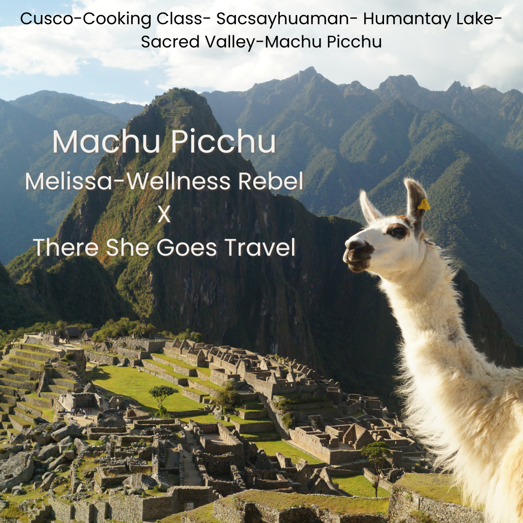 Photograph of Machu Picchu in Peru with a llama in the foreground, mountains in the background, and text overlay about a cooking class and travel blog.