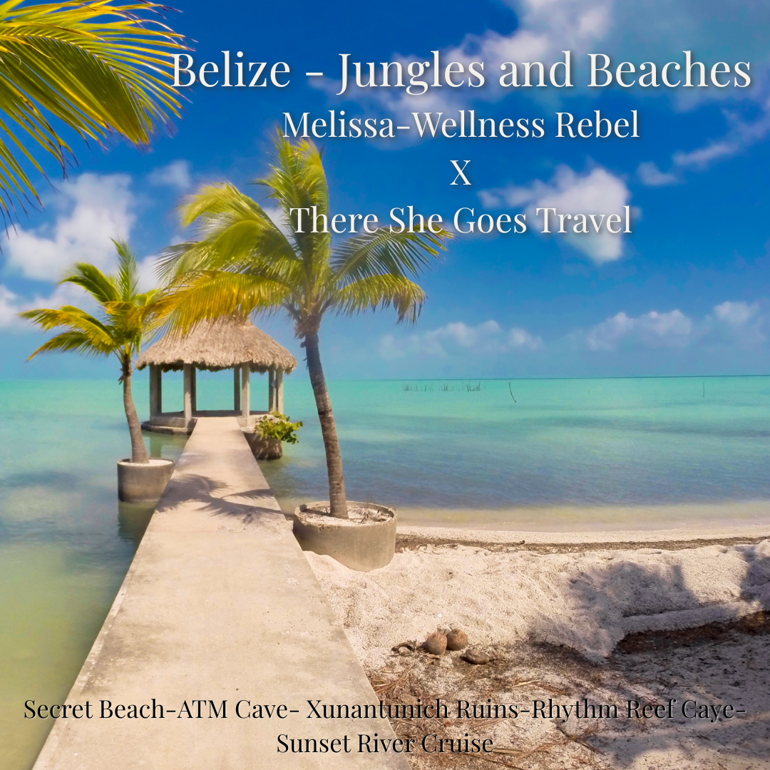 A tropical beach scene in Belize with a sandy shore, palm trees, a thatched-roof hut at the end of a pier, clear turquoise water, and a blue sky with some clouds.