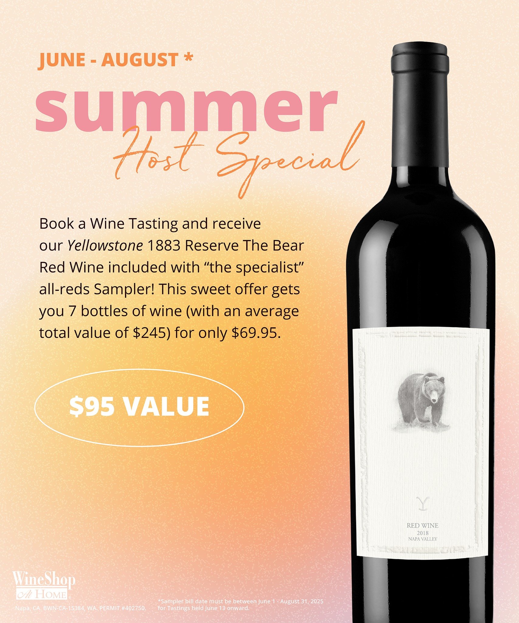 Promotional flyer for a summer wine tasting event, featuring a black wine bottle with a bear label, details about the offer, and a $95 value promotion.