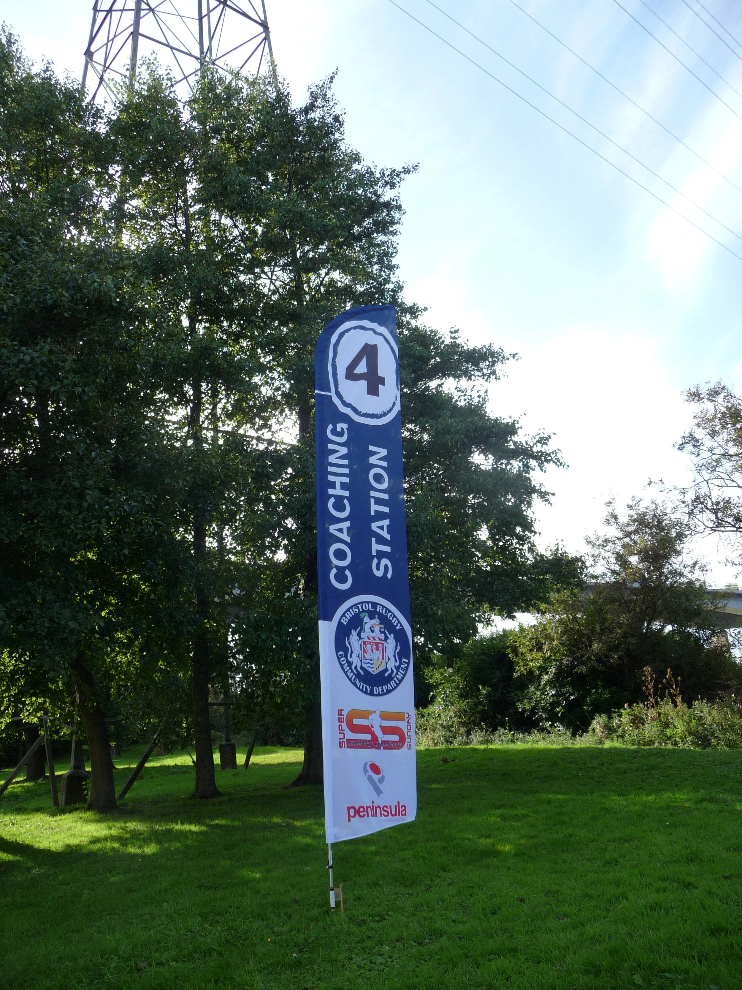 A vertical flag banner with various logos and text, placed in a park with green grass and trees, and a power line tower in the background.