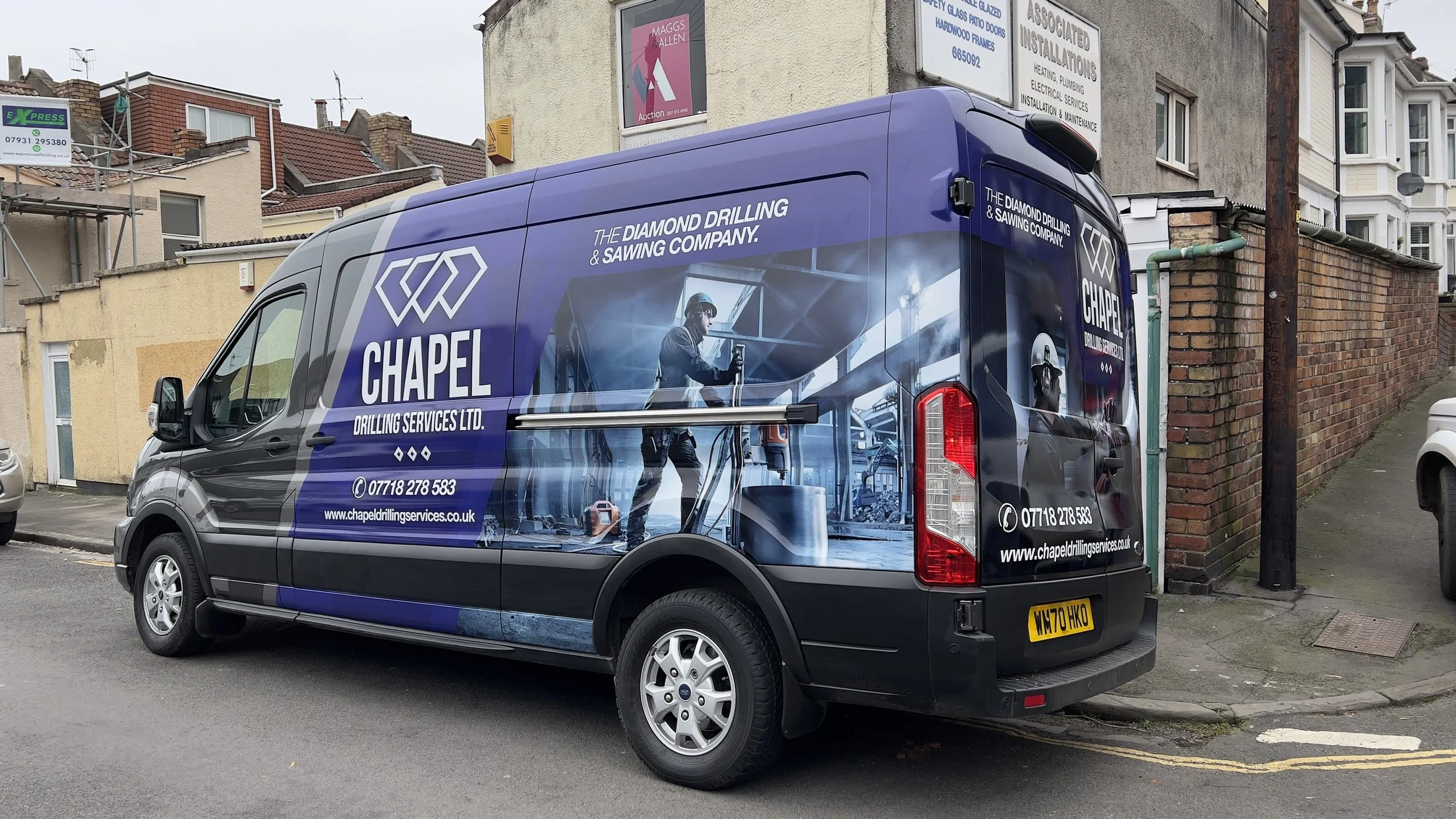 Long wheelbase Transit for Chapel Drilling Services partially wrapped using Arlon XLP and gloss laminate