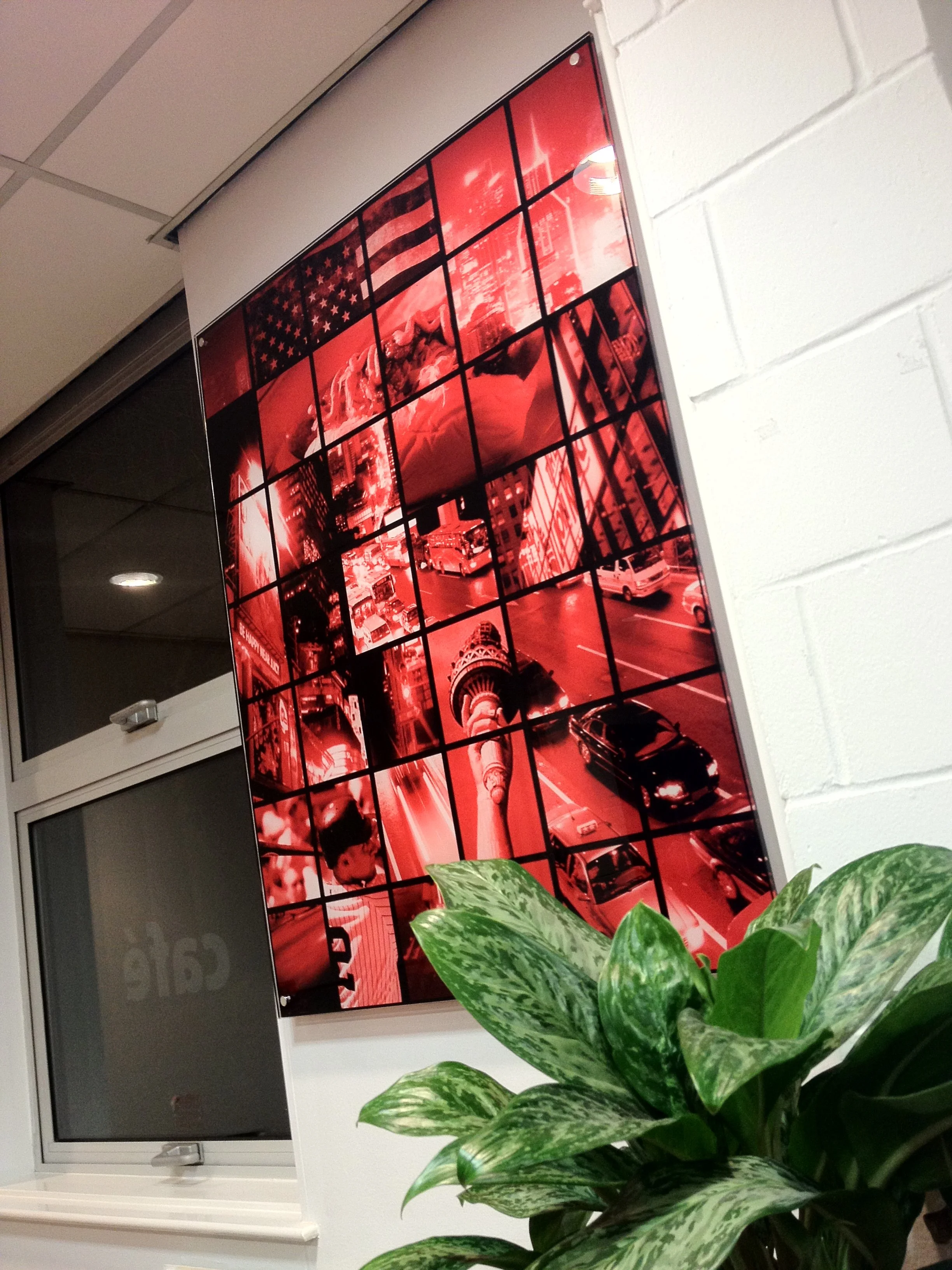 Indoor framed collage of various city scenes in red tones, including vehicles, buildings, and a person, with a plant with green variegated leaves visible in the foreground.