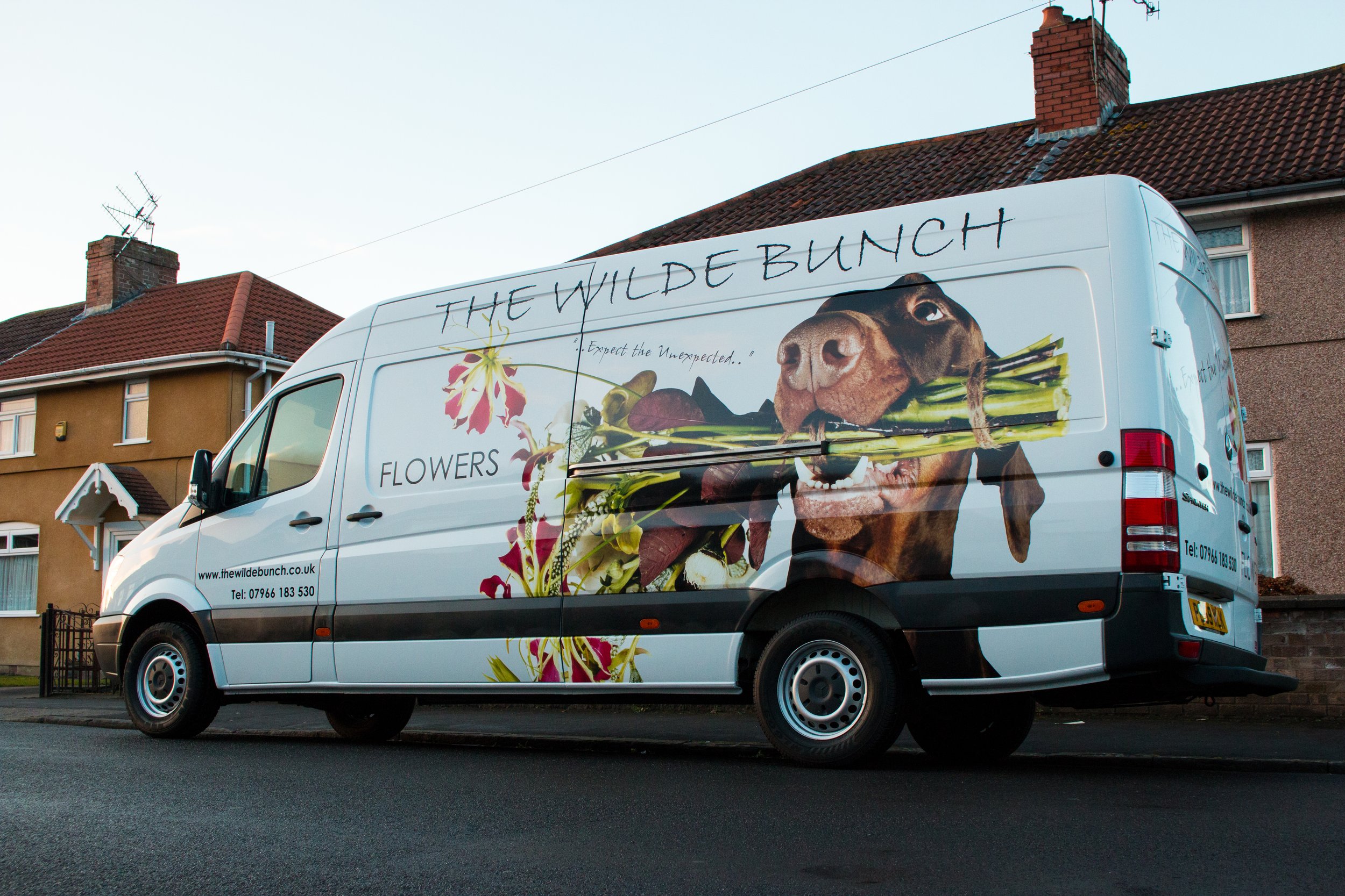 A white delivery van parked on a residential street with house buildings in the background.