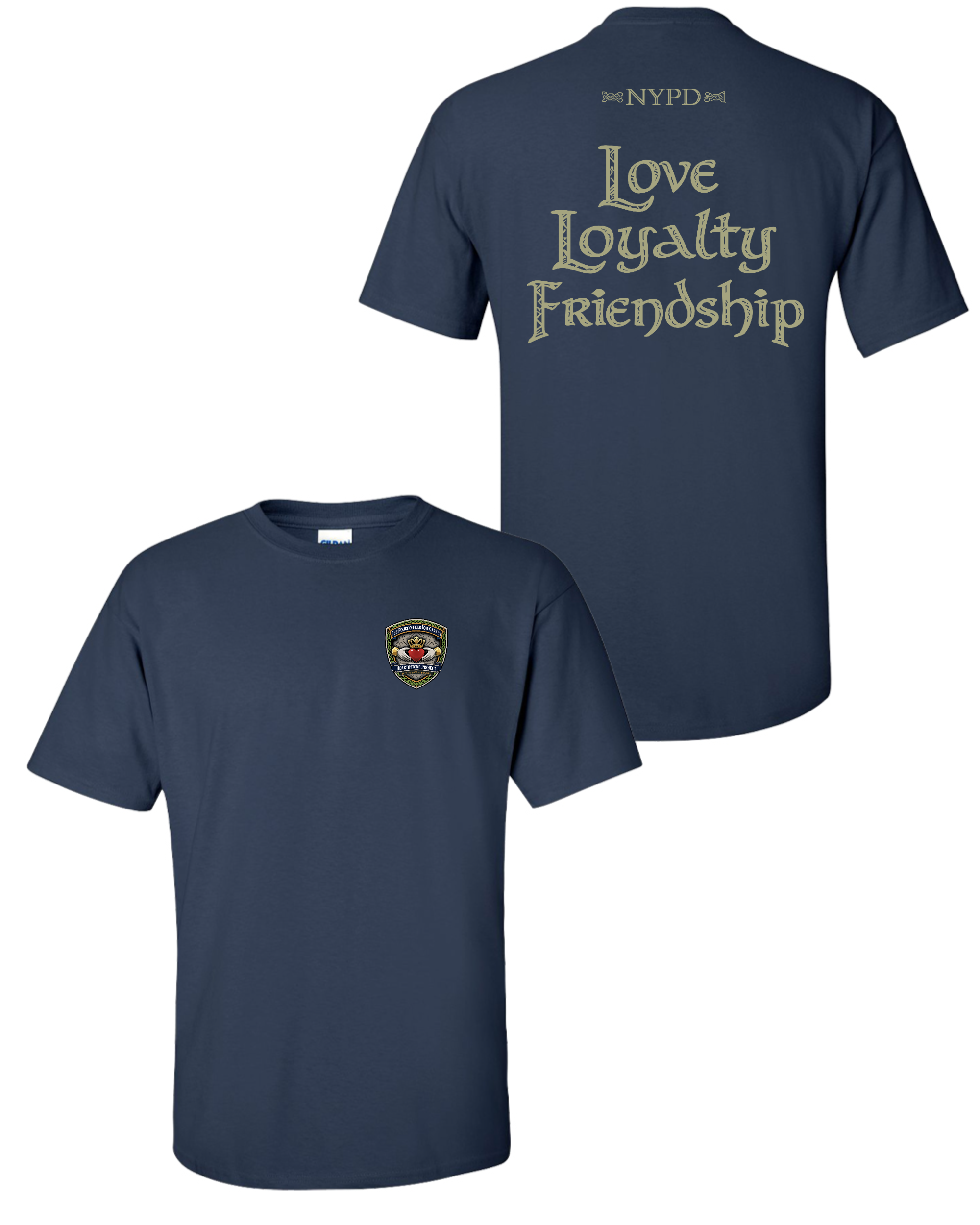NYPD police t-shirt with badge logo on front, navy blue color, back of shirt has the words "Love Loyalty Friendship" and "NYPD" at the top.