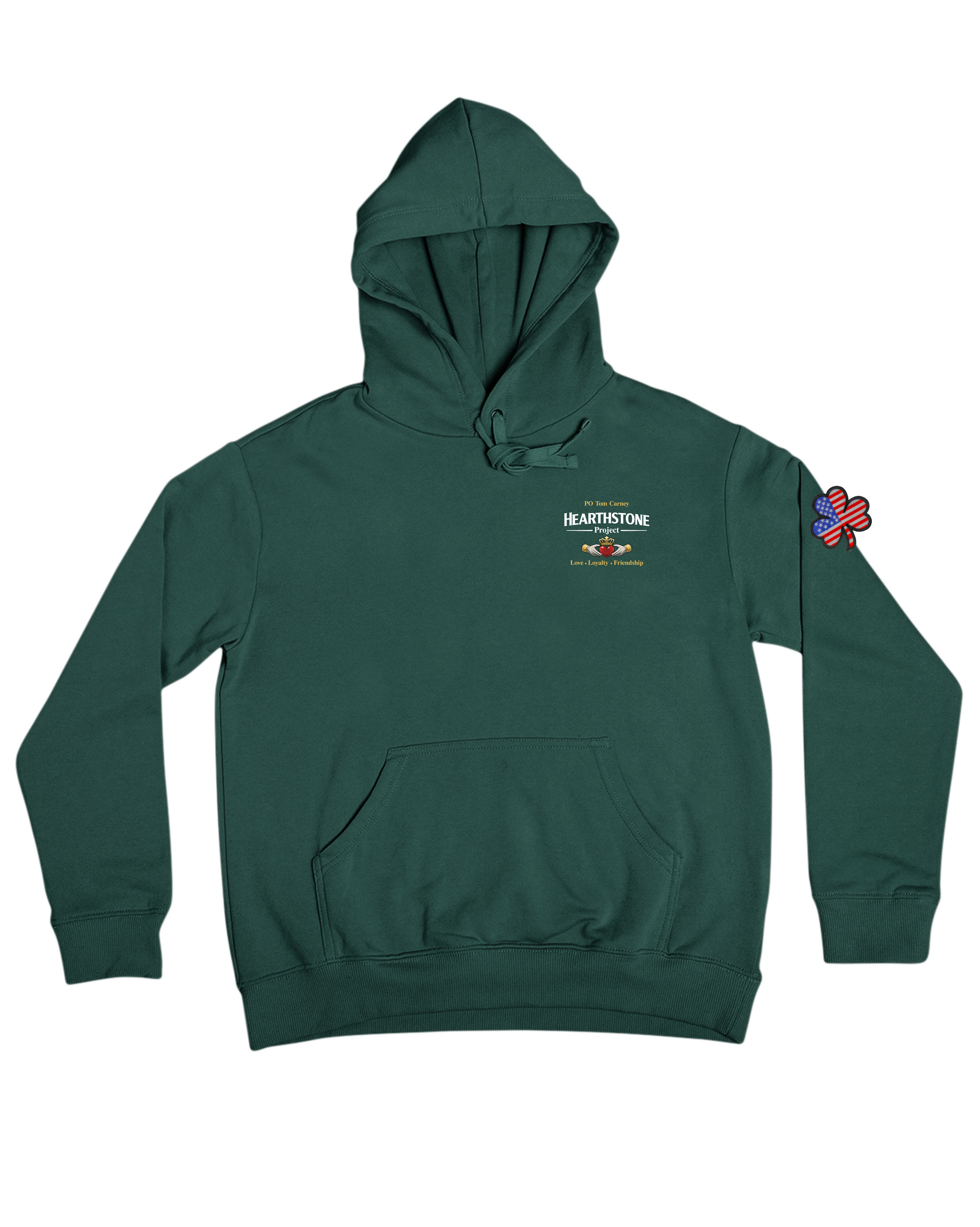 Green hoodie with Hearthstone project logo, a small flag patch on the sleeve, and a front pocket.