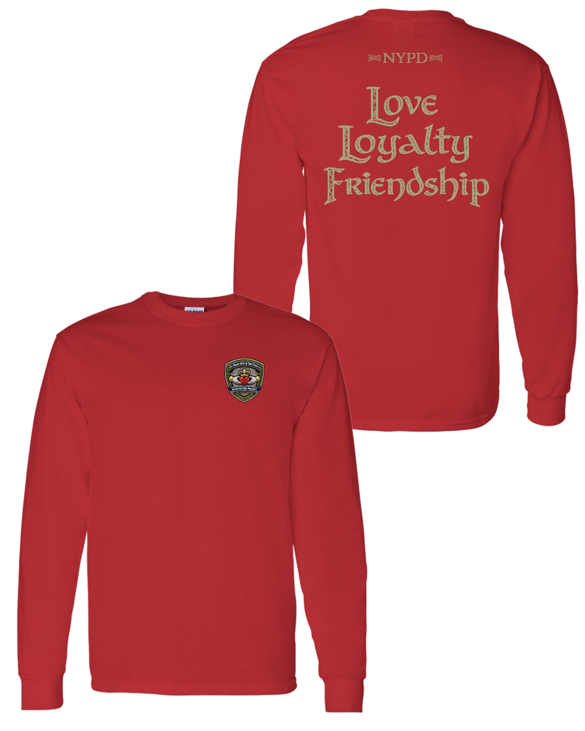 Red long-sleeve shirts with NYPD insignia, one showing the back with the words 'Love Loyalty Friendship'.
