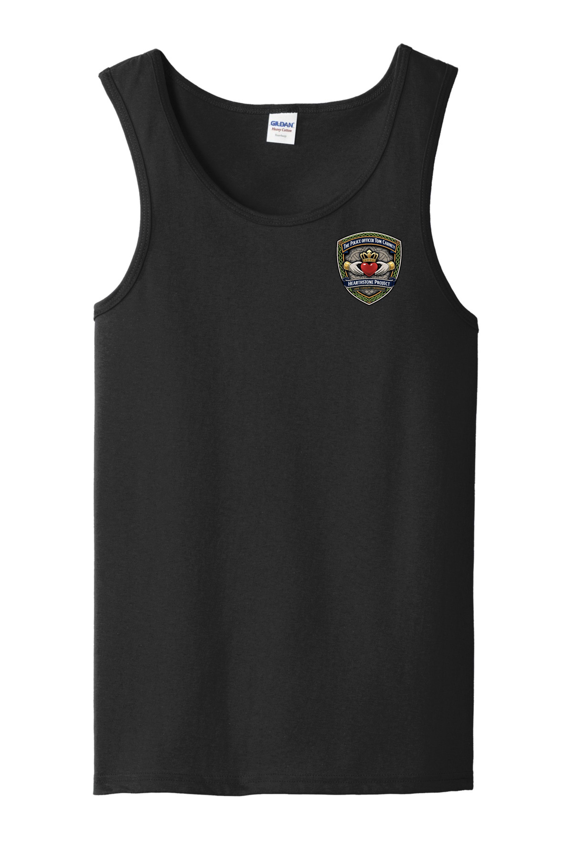 Black sleeveless shirt with police badge patch on the left chest area.