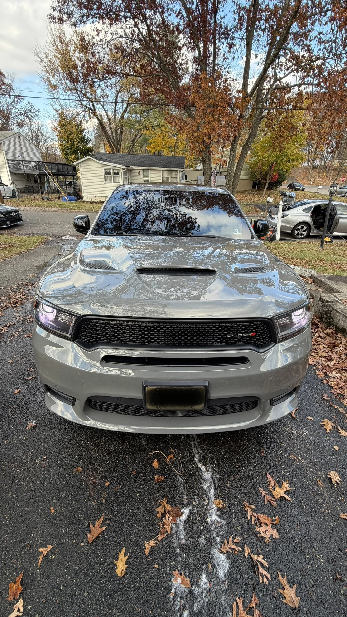 Front view of a silver Dodge Charger parked on a driveway with fallen leaves, trees with autumn foliage, and neighboring houses in the background.
