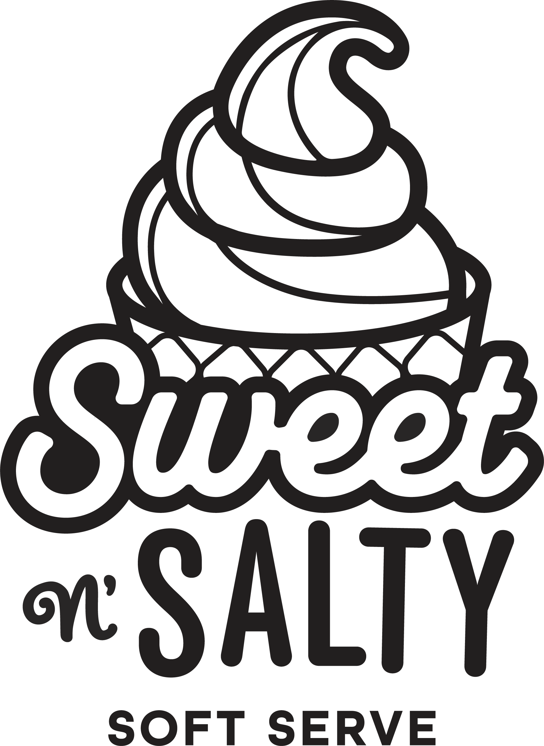 Black and white line art of a cupcake with a swirl of frosting on top, surrounding the words "SALTY," "SOFT SERVE," and "SWEET" in stylized lettering.