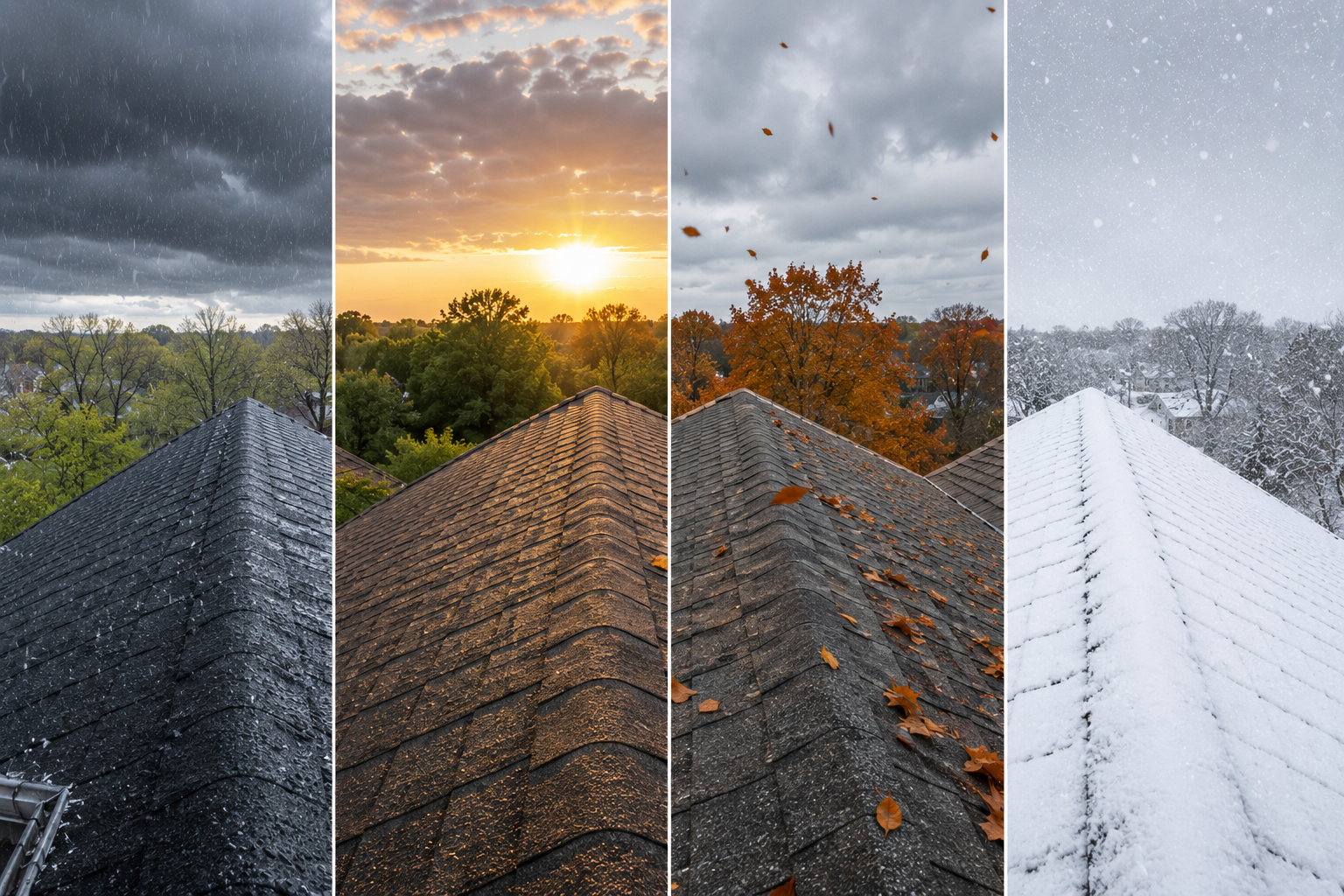 Architectural asphalt shingle roof shown through all four Iowa seasons, demonstrating year-round weather protection.