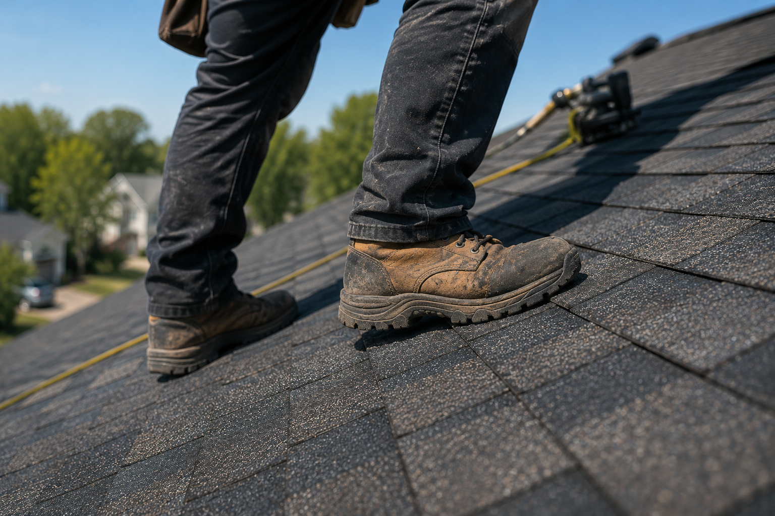 Worker standing on a sloped asphalt shingle roof, wearing brown work boots and black jeans.