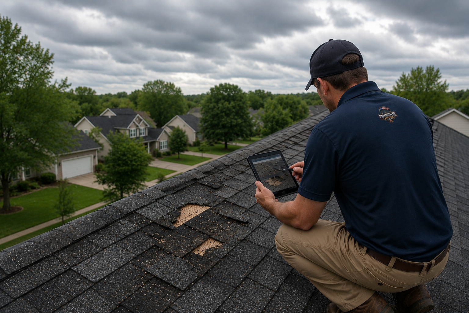 Professional storm damage roof inspection by ParaRoofers contractor documenting hail and wind damage on an asphalt shingle roof in Eastern Iowa.