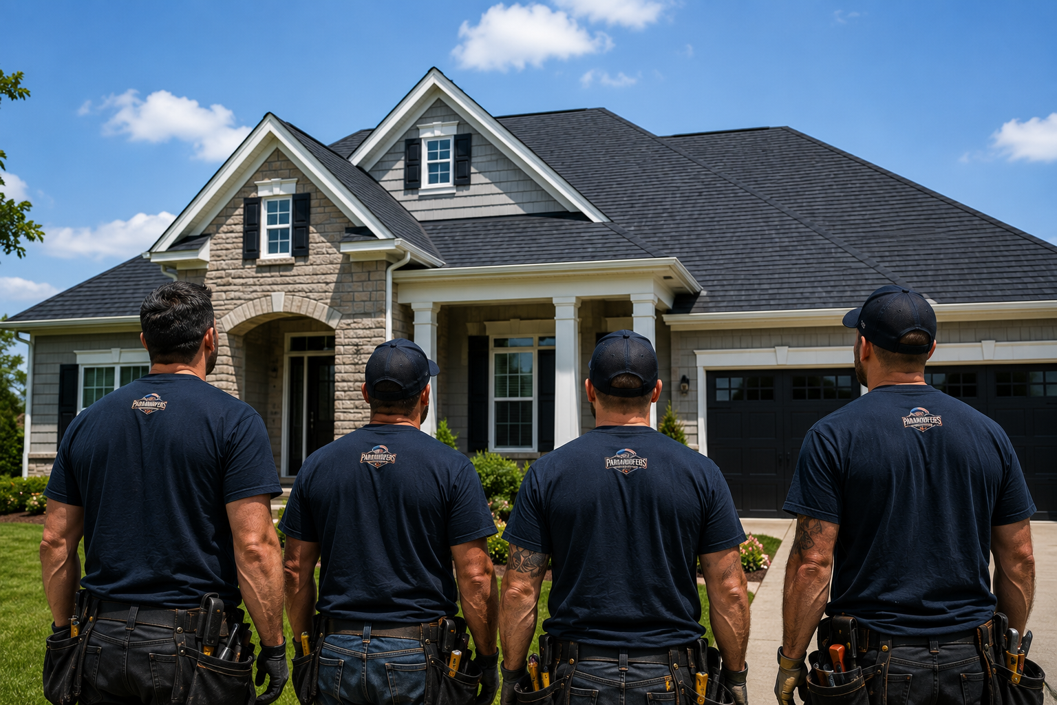 Professional ParaRoofers roofing crew inspecting a newly completed asphalt shingle roof on a modern home in Iowa City, Iowa.