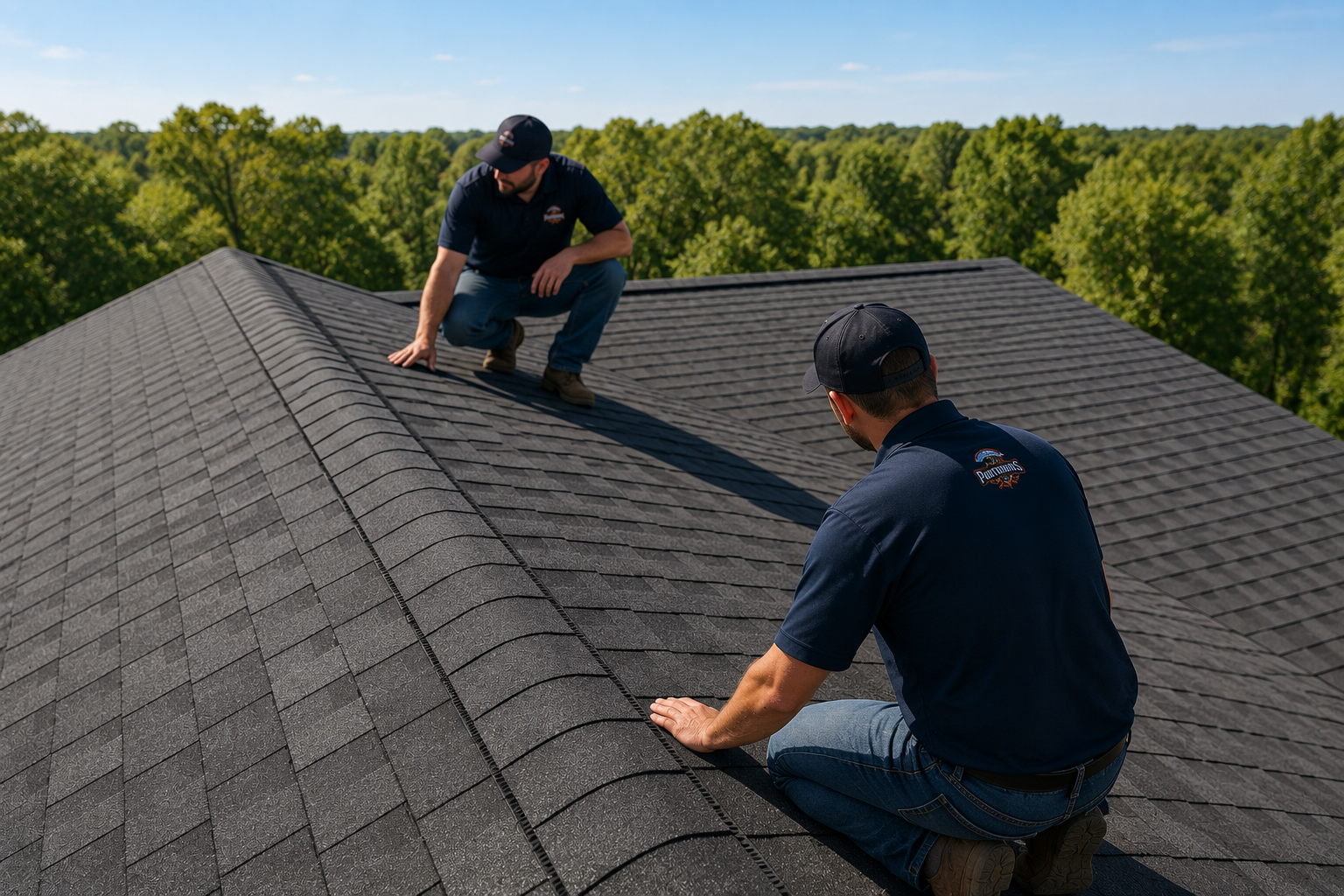 ParaRoofers roofing professionals performing a final quality inspection on a completed asphalt shingle roof replacement in Eastern Iowa.