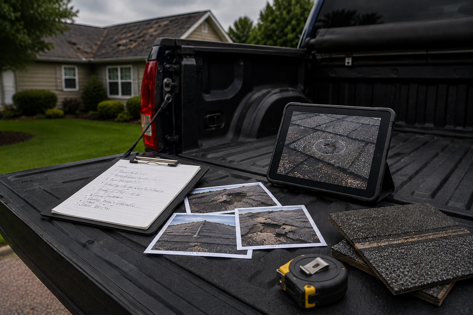 Roof inspection documentation setup with damage photos, inspection notes, tablet, and shingle samples used to support an insurance claim in Eastern Iowa.